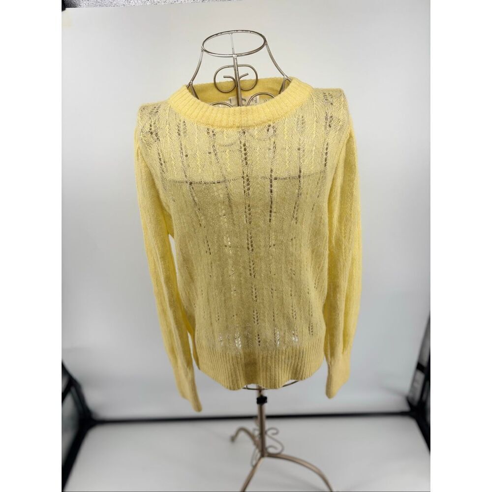 Mango MNG Wool Blend Open Knit Crew Neck Sweater Size S Yellow Long Sleeve